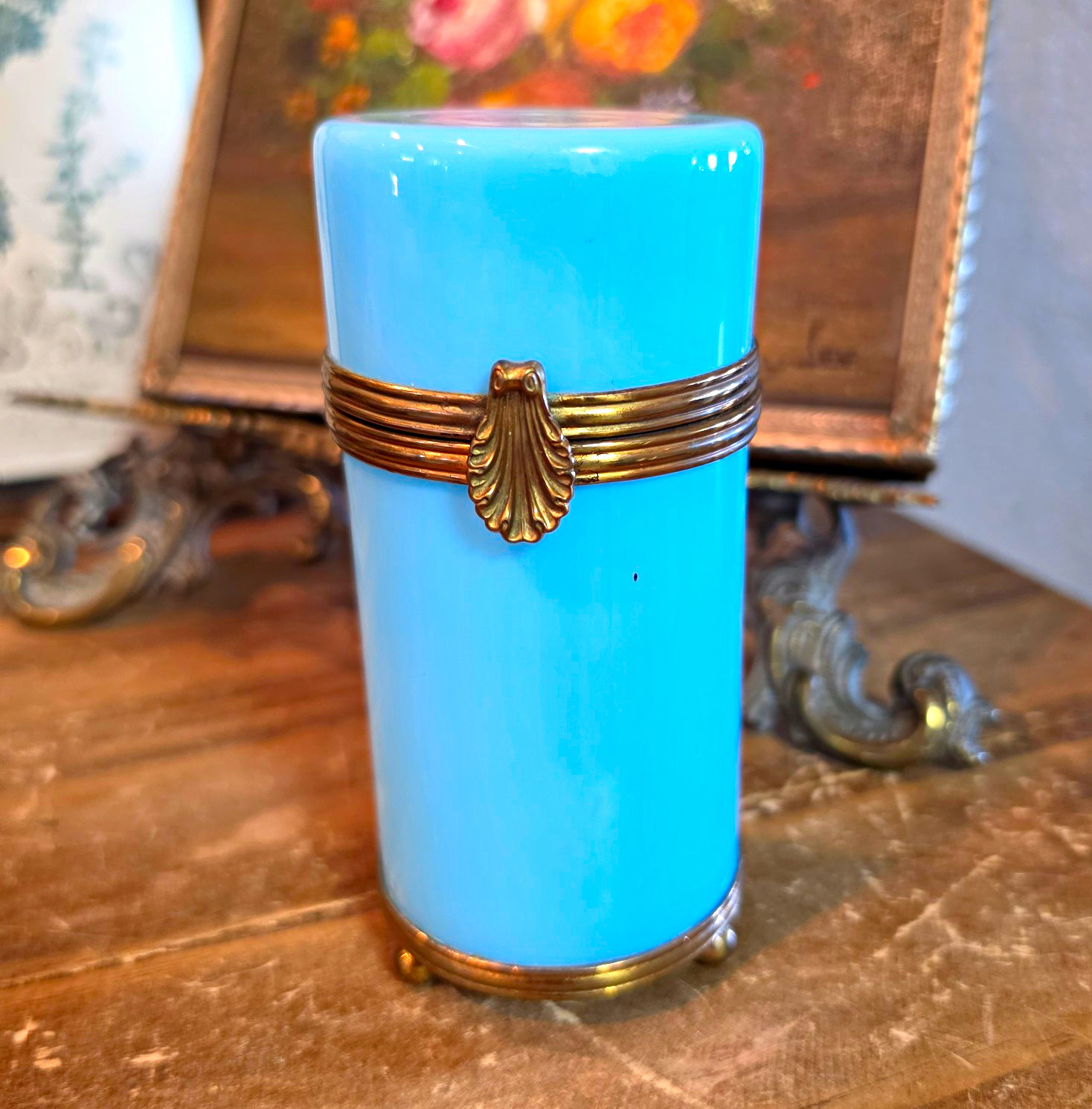 Antique/Vintage French Blue Opaline Box with Brass Mounts, Shell Motif, Footed Antique/Vintage French Blue Opaline Box with Brass Mounts, Shell Motif, Footed