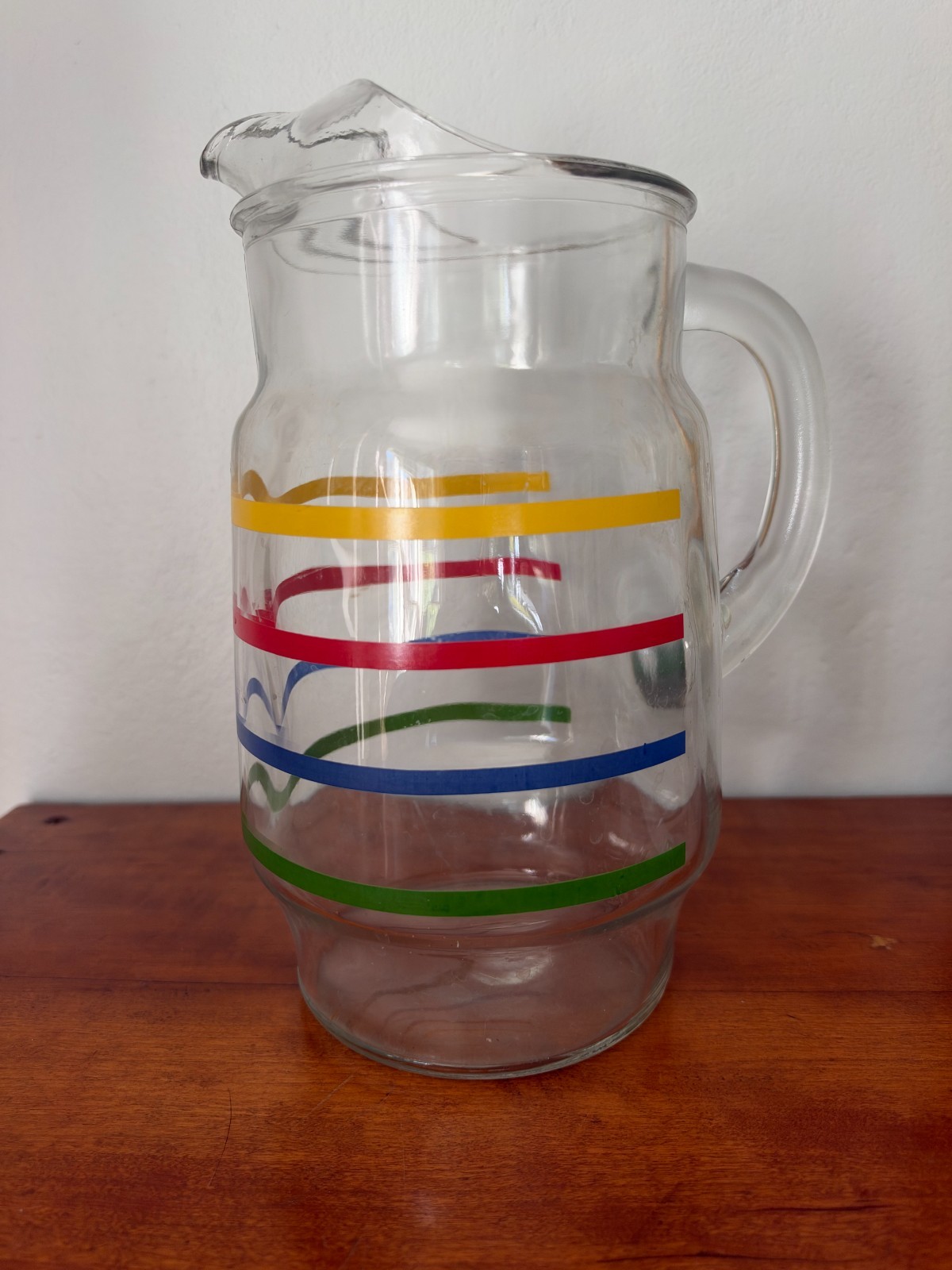 Vintage Clear Glass 4 color Striped pitcher with ice-catcher lip 9.5 high by 5 W Vintage Clear Glass 4 color Striped pitcher with ice-catcher lip 9.5 high by 5 W