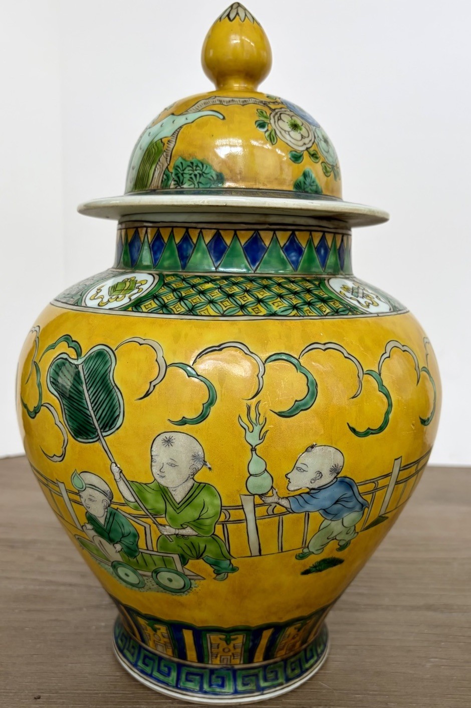 Large Chinese Famille Jaune Porcelain Ginger Jar Boys at Play 14.5” Kangxi Mark