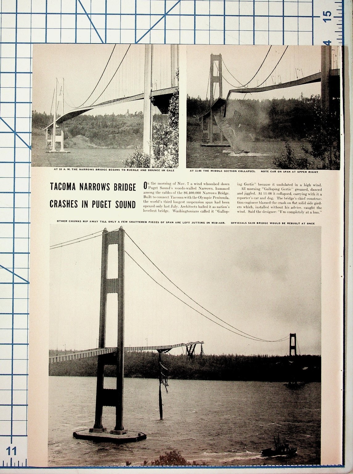 1940 Tacoma Narrows Bridge Collapse News Article Page Galloping Gertie 1940 Tacoma Narrows Bridge Collapse News Article Page Galloping Gertie