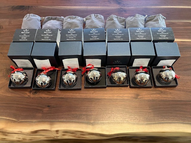 Wallace Silver Sleigh Bells Christmas Lot of 7, 2013-2019, Boxes & Bags Wallace Silver Sleigh Bells Christmas Lot of 7, 2013-2019, Boxes & Bags
