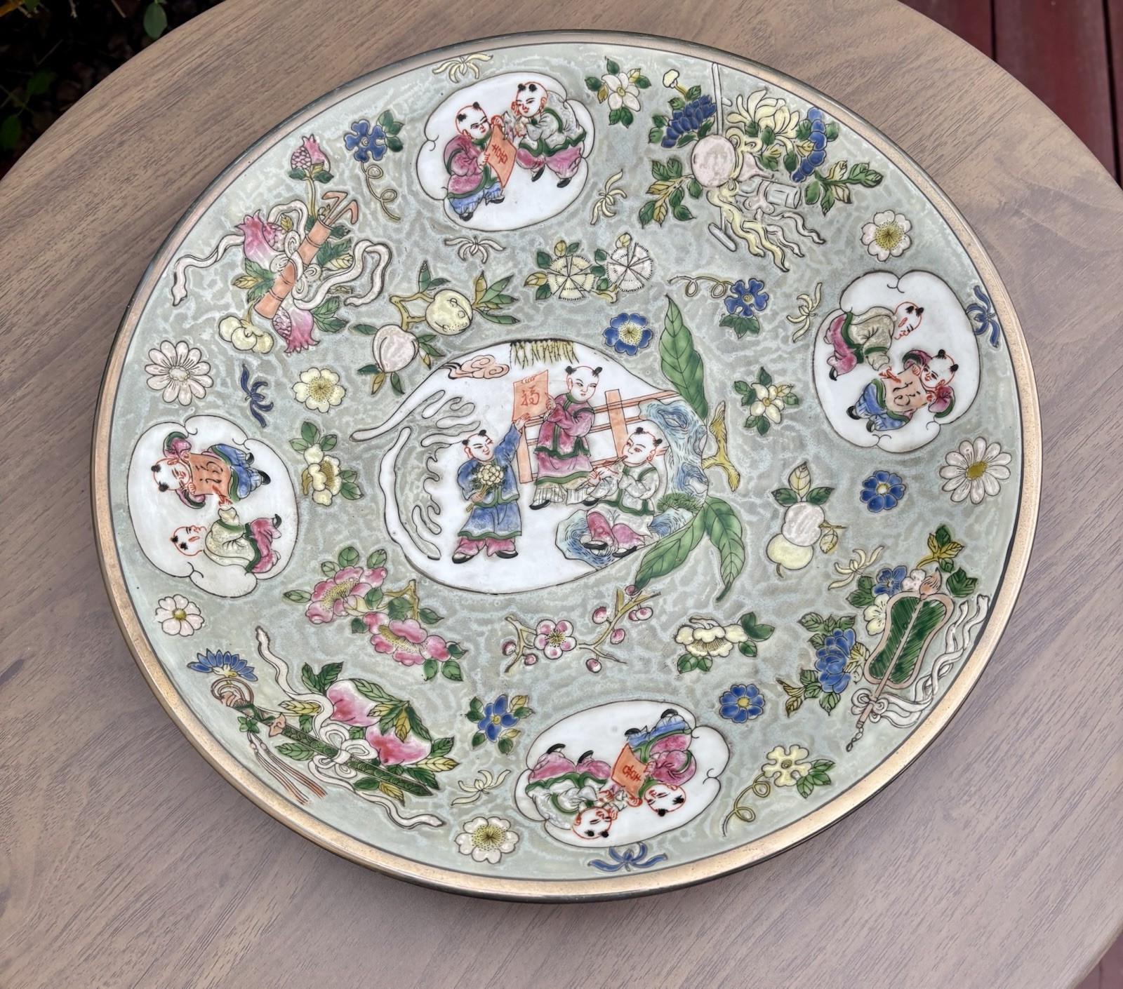 Large Chinese Porcelain Charger Famille Rose Boys Tongzhi Style Mark 14” Large Chinese Porcelain Charger Famille Rose Boys Tongzhi Style Mark 14”