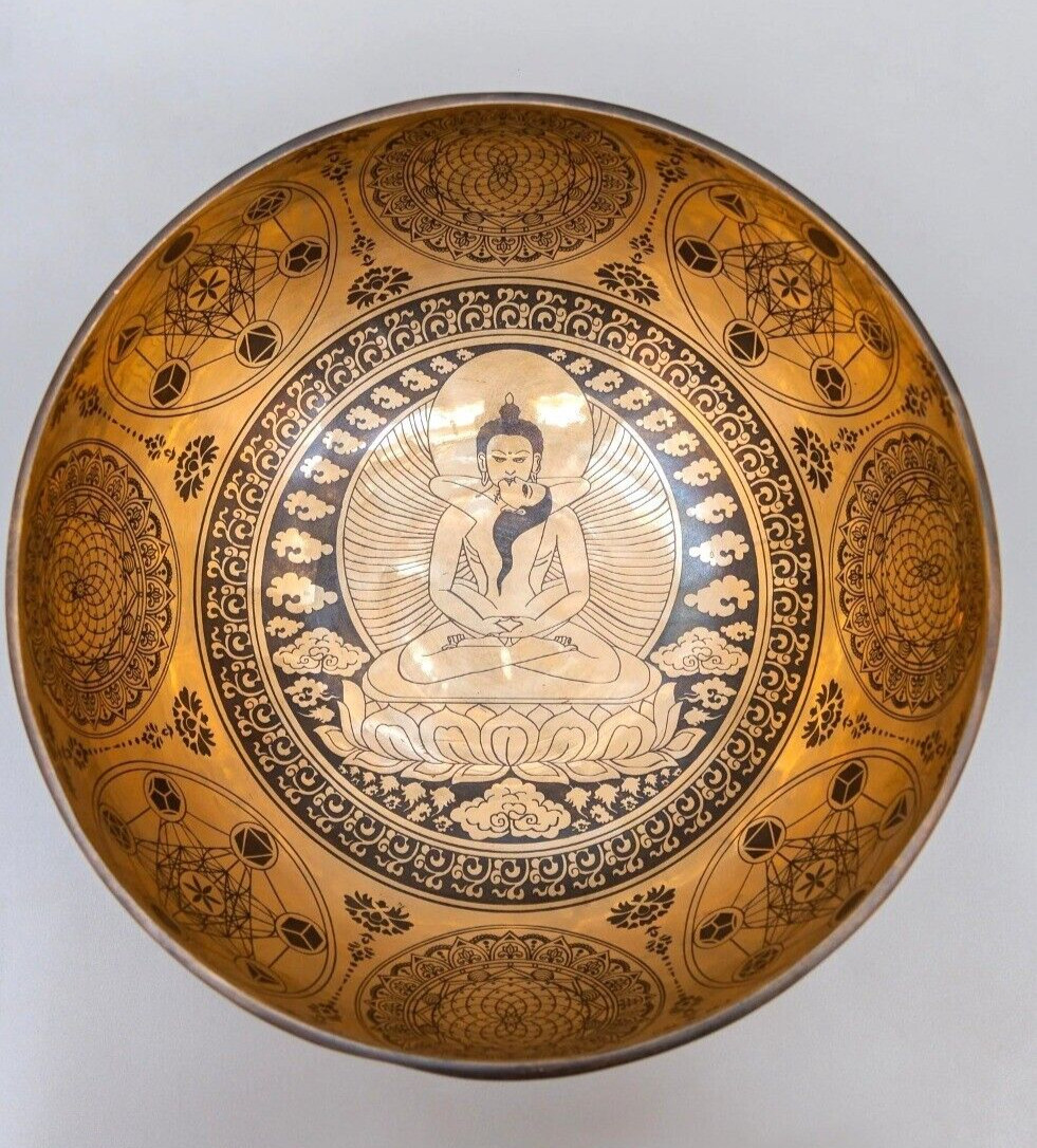 11 Inches Handmade Flower Of Life with Samantabhadra Etched Singing Bowl - Sound