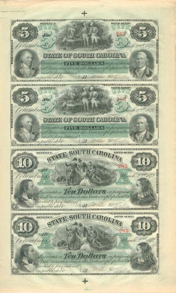 1872 dated State of South Carolina Uncut Obsolete Sheet - Broken Bank Notes - Pa