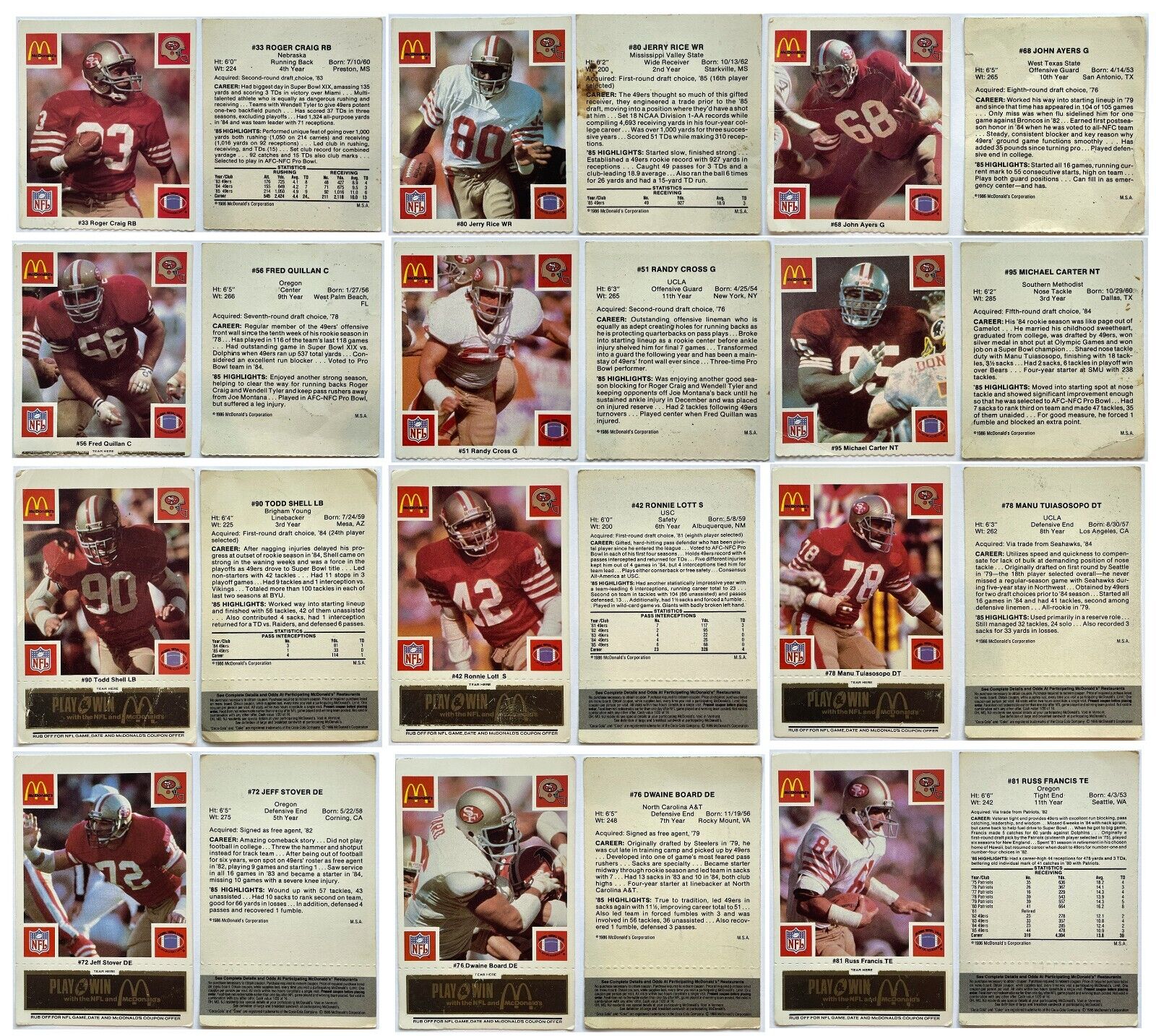 1986 McDonalds Football 14 Card Set San Francisco 49ers Jerry Rice Ronnie Lott