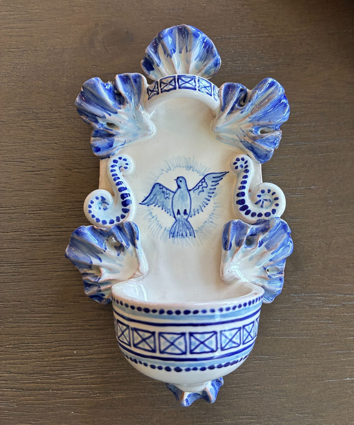 Vintage Blue and White Italian Ceramic Holy Water Font Handmade by C. Carriero