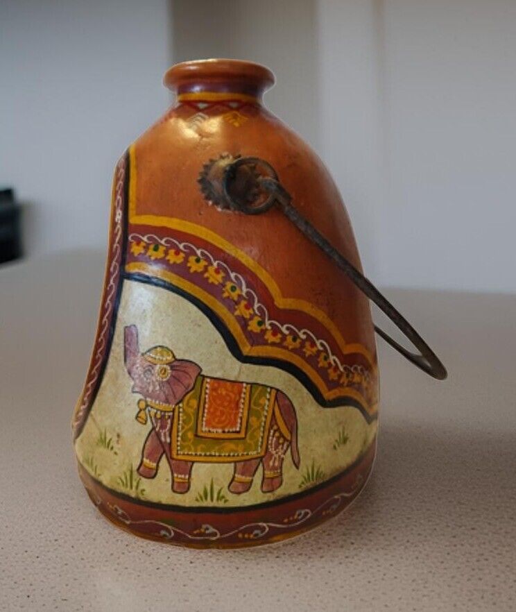 1970s Made in India Hand-painted Elephant Design Clay Hanging Candle Chimney...