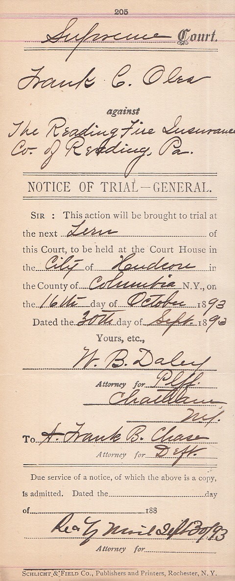 1893 Columbia County NY Supreme Court Notice Trial Reading PA Fire Insurance Co 1893 Columbia County NY Supreme Court Notice Trial Reading PA Fire Insurance Co