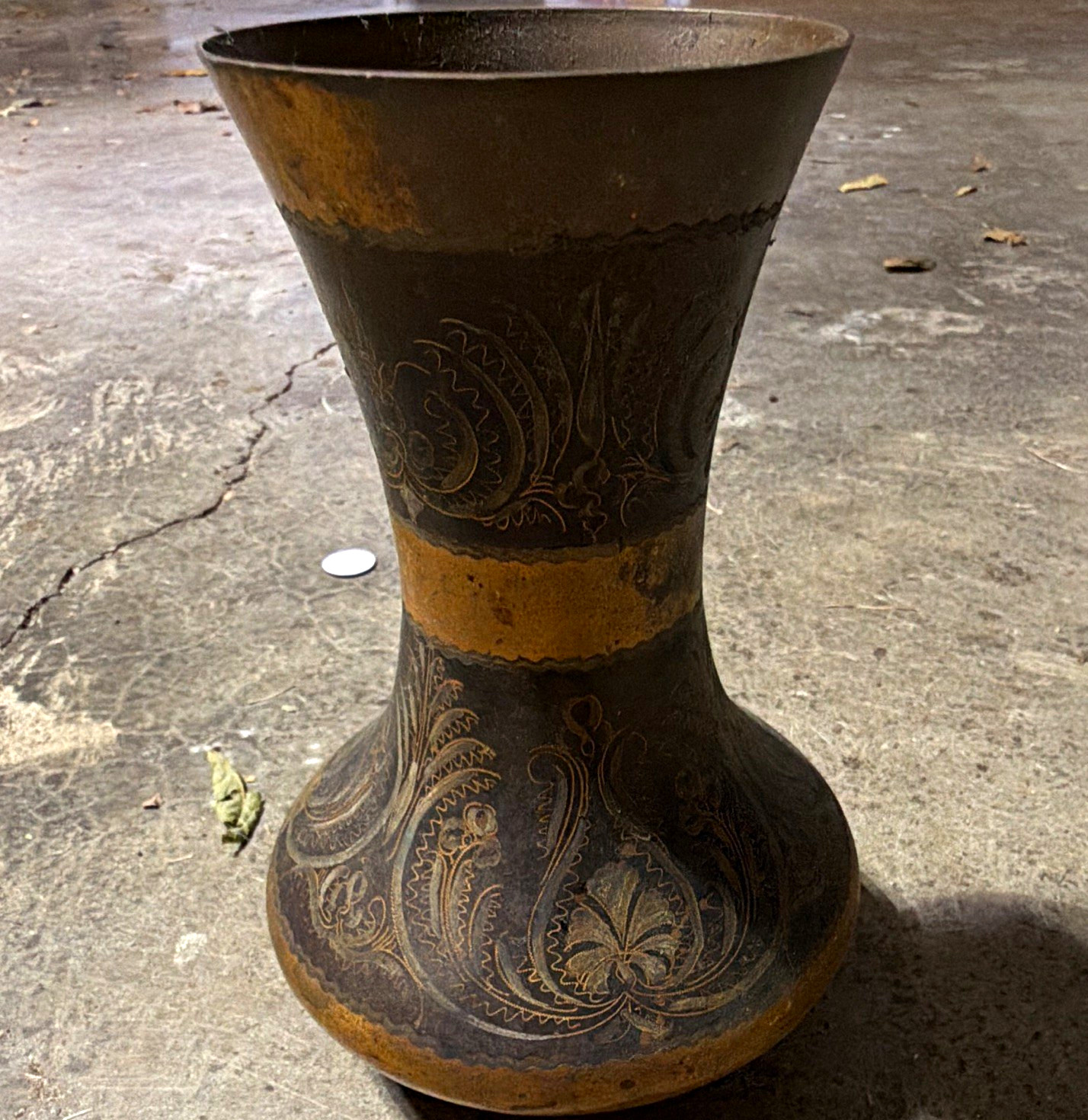 Engraved Metal Bottle Vase Brown/Black Antique Finish Paisley Design Art Engraved Metal Bottle Vase Brown/Black Antique Finish Paisley Design Art