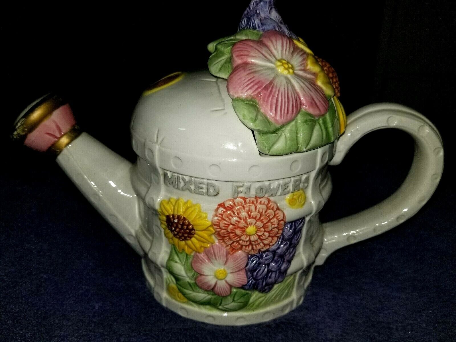 1993 Fitz & Floyd Omnibus Seeds Of Spring Watering Can Flower Teapot Cookie Jar