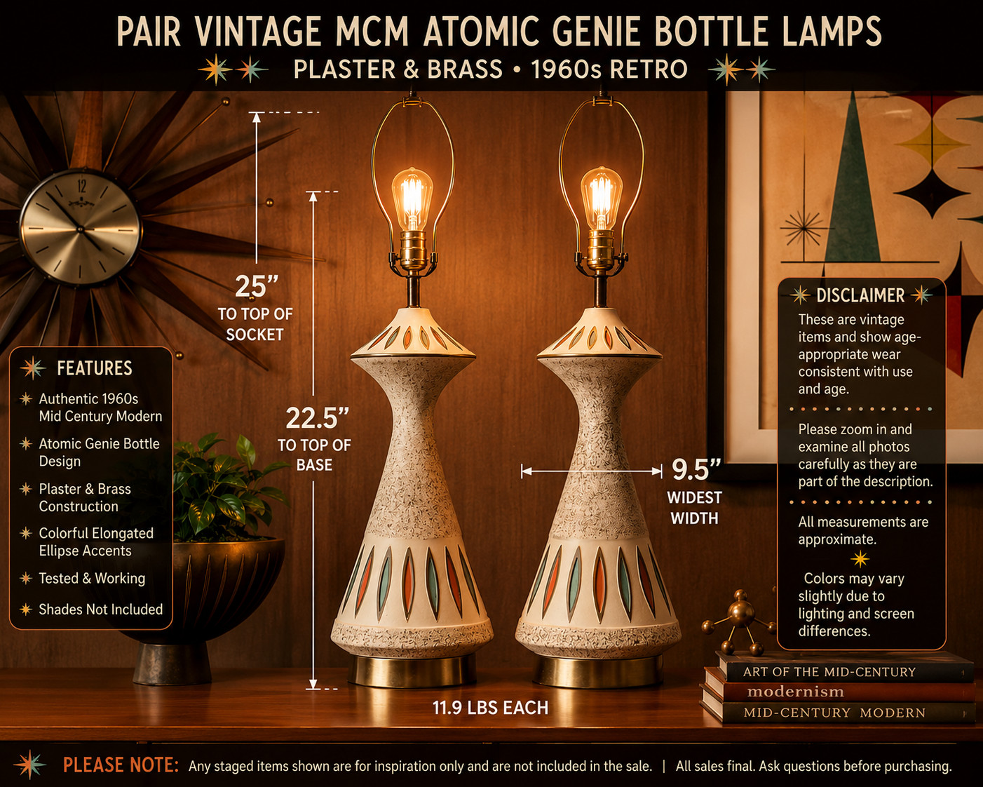 Pair Vintage MCM Atomic Genie Bottle Lamps Plaster Brass 1960s Retro