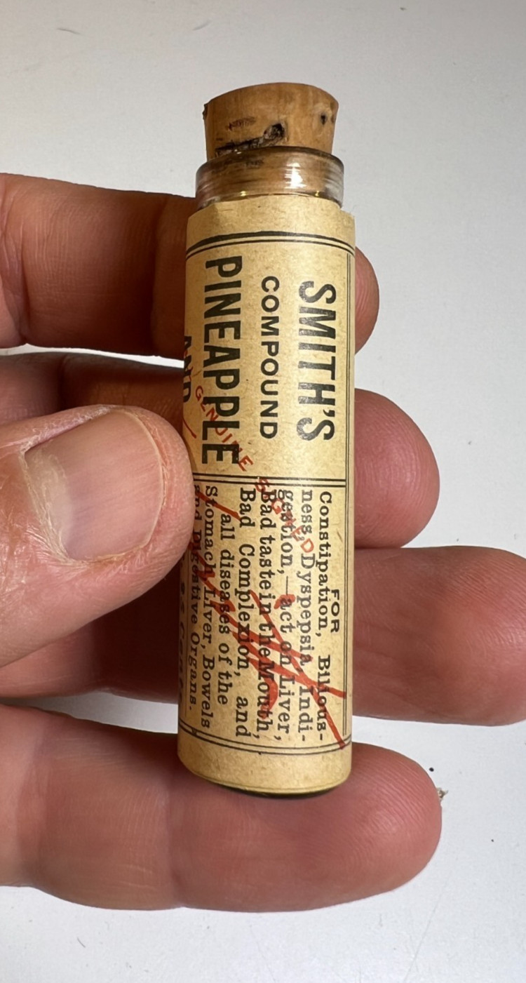 Antique Smiths Pineapple & Butternut Pills Medicine Vial Bottle Full Boston 1910