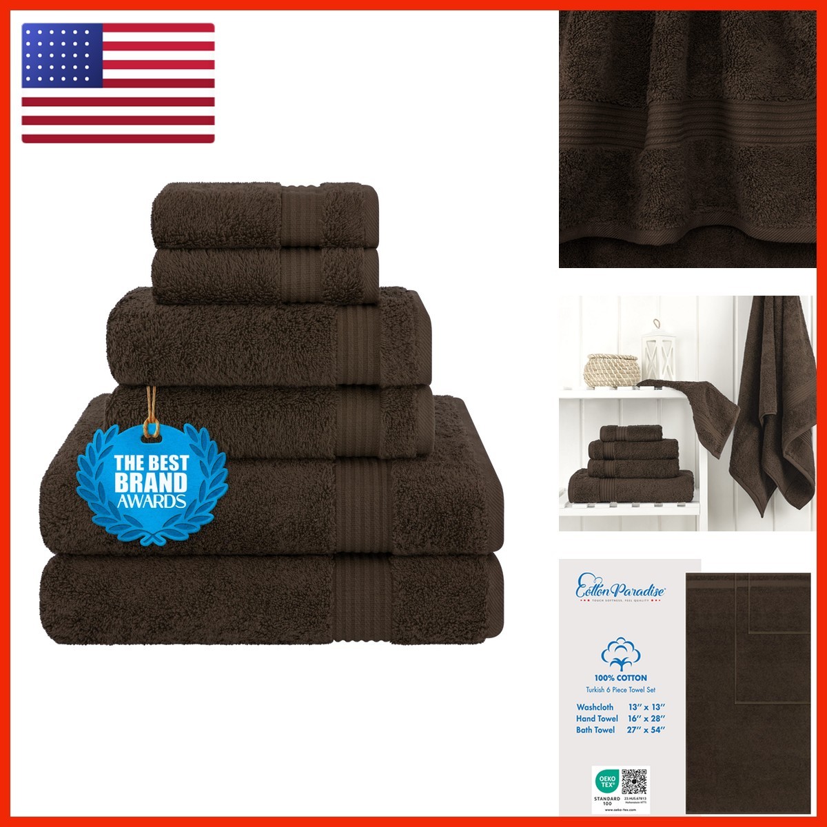 Cotton Paradise UHT Turkish 6 Piece Towel Set for Bathroom Soft Absorbent Cotton Paradise UHT Turkish 6 Piece Towel Set for Bathroom Soft Absorbent