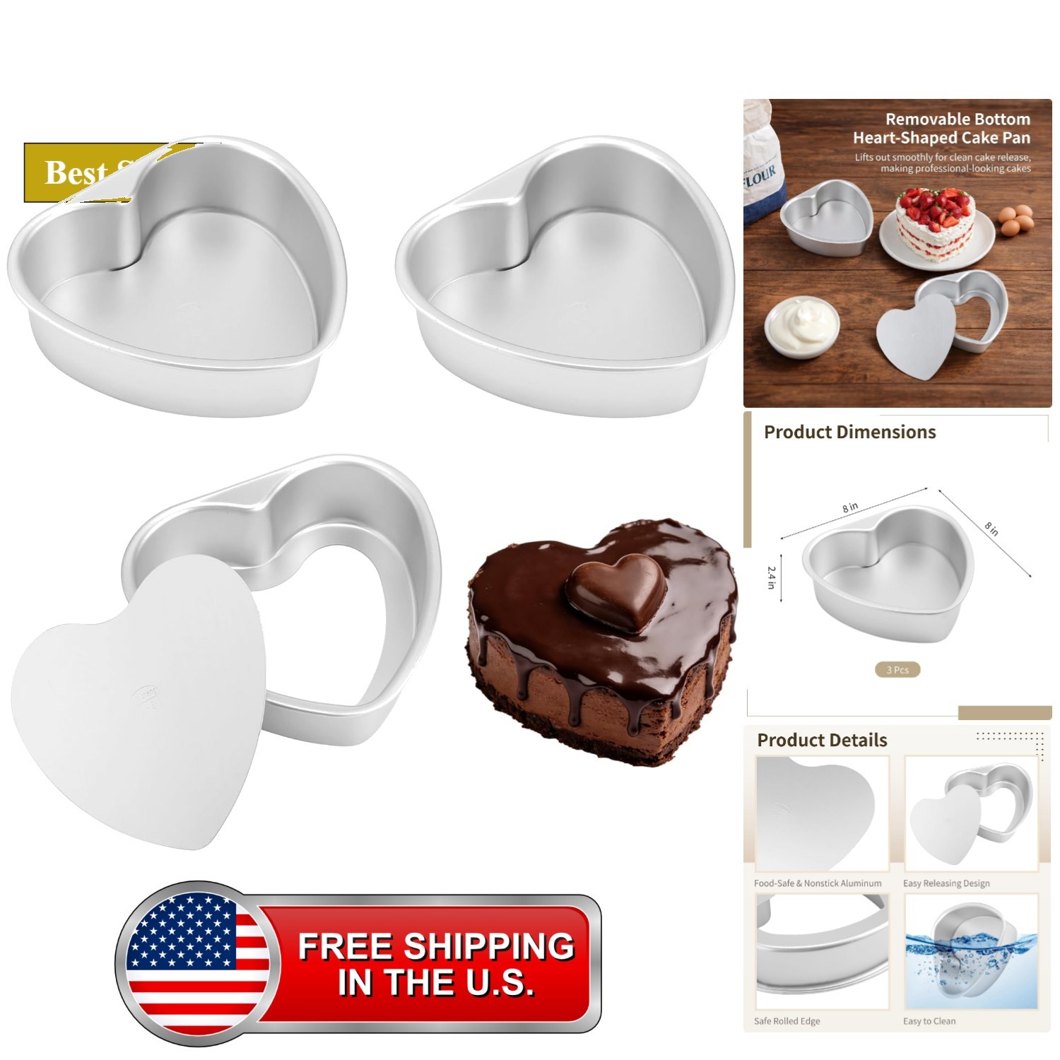 3 PCS Heart Shaped Cake Pans, 8 in Removable Bottom Aluminum Heart Cake Mold ...