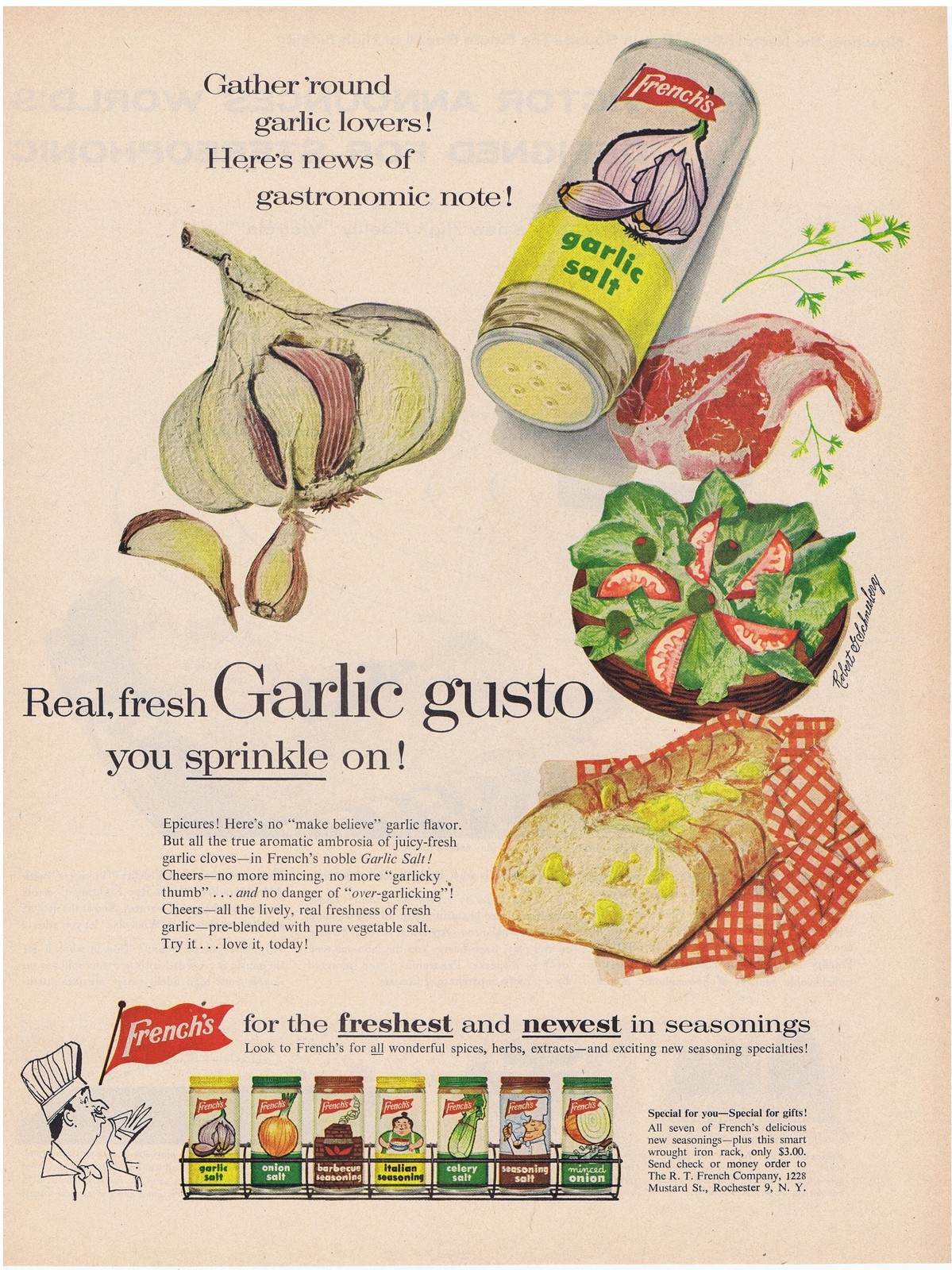 1957 French\'s Seasonings Garlic Gusto Kitchen Art Print Ad 1957 French\'s Seasonings Garlic Gusto Kitchen Art Print Ad