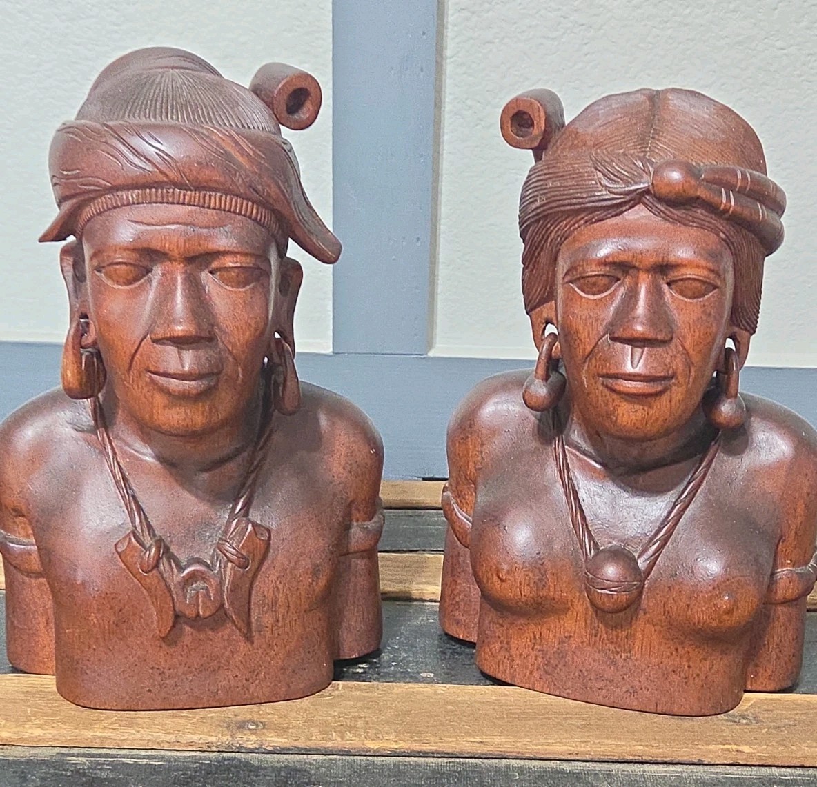 Vtg Hand Carved Wood Bust Sculpture Igorot Tribe Man & Woman Philippine 13” Tall Vtg Hand Carved Wood Bust Sculpture Igorot Tribe Man & Woman Philippine 13” Tall