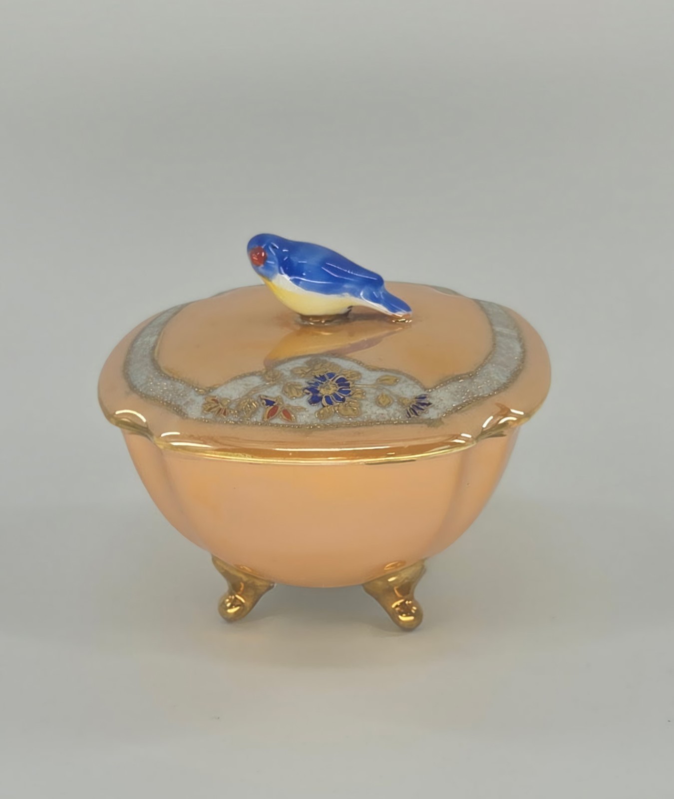 Vintage Noritake Japan Lusterware Trinket Powder Box Blue Bird Hand Painted Gold Vintage Noritake Japan Lusterware Trinket Powder Box Blue Bird Hand Painted Gold