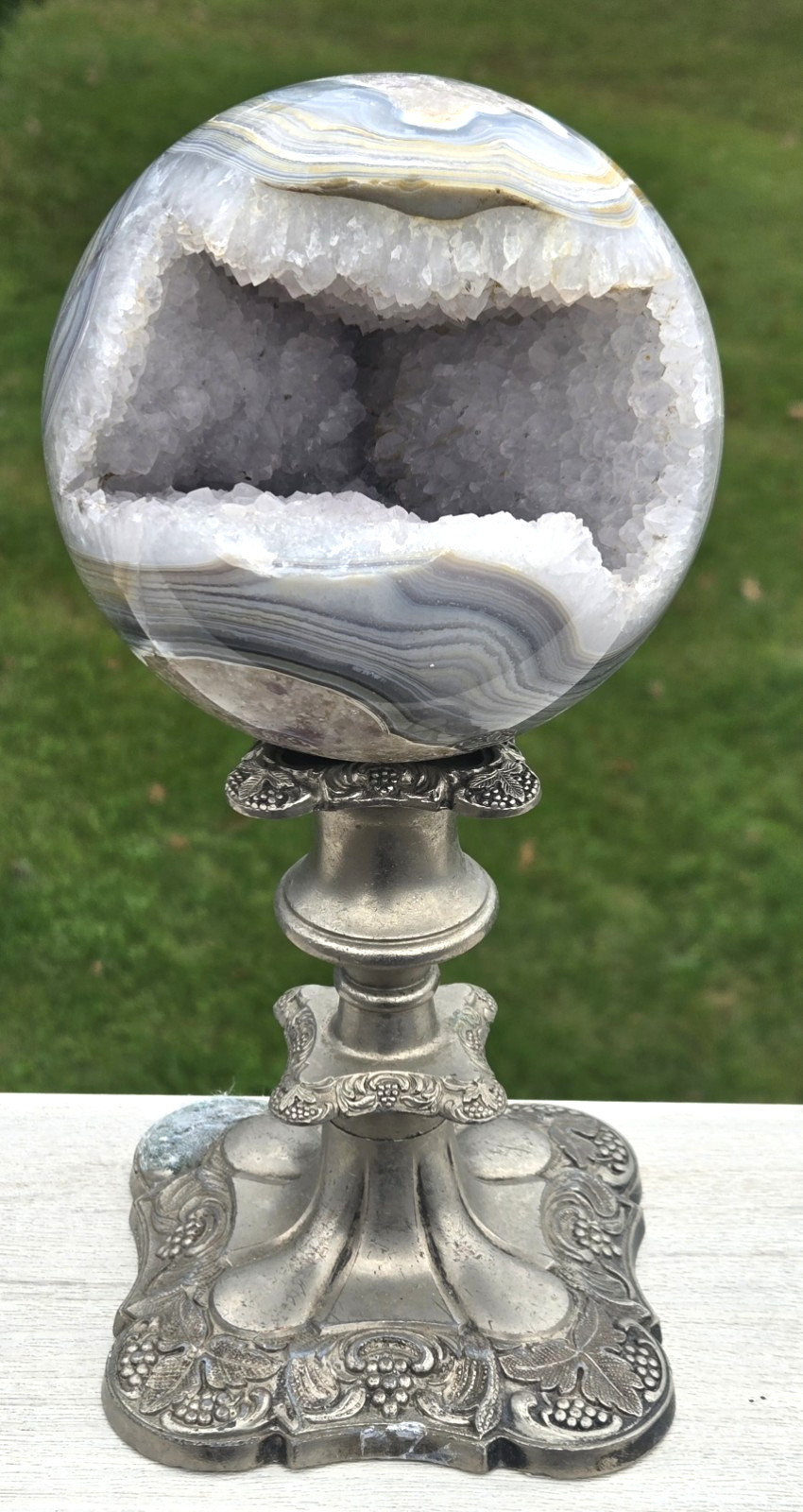 1700g [3 lb 12 oz] Banded Blue Agate Druzy Crystal Sphere & Vintage Pewter Stand