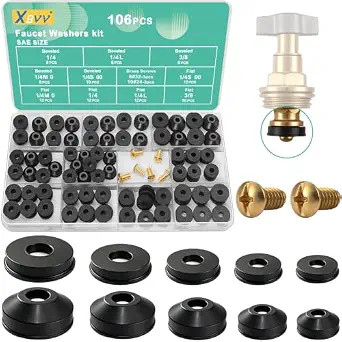 XBVV 106 PCS Faucet Washer Assortment Kit with Assorted Flat and Beveled Rubber XBVV 106 PCS Faucet Washer Assortment Kit with Assorted Flat and Beveled Rubber