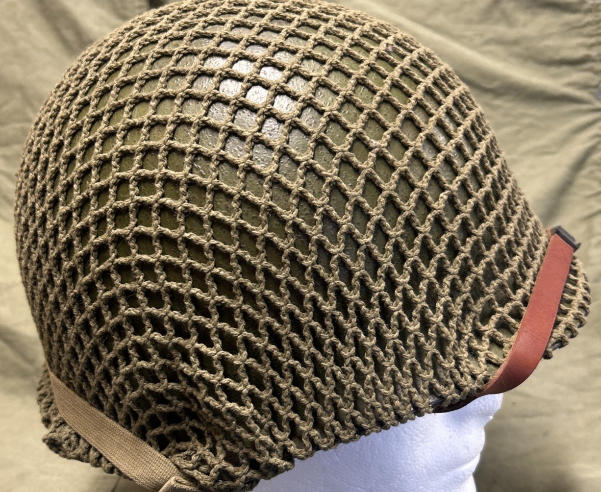 ORIGINAL WWII Square Pattern Camo Net Cut for M1 Steel Helmet w/3 Foliage Holes ORIGINAL WWII Square Pattern Camo Net Cut for M1 Steel Helmet w/3 Foliage Holes