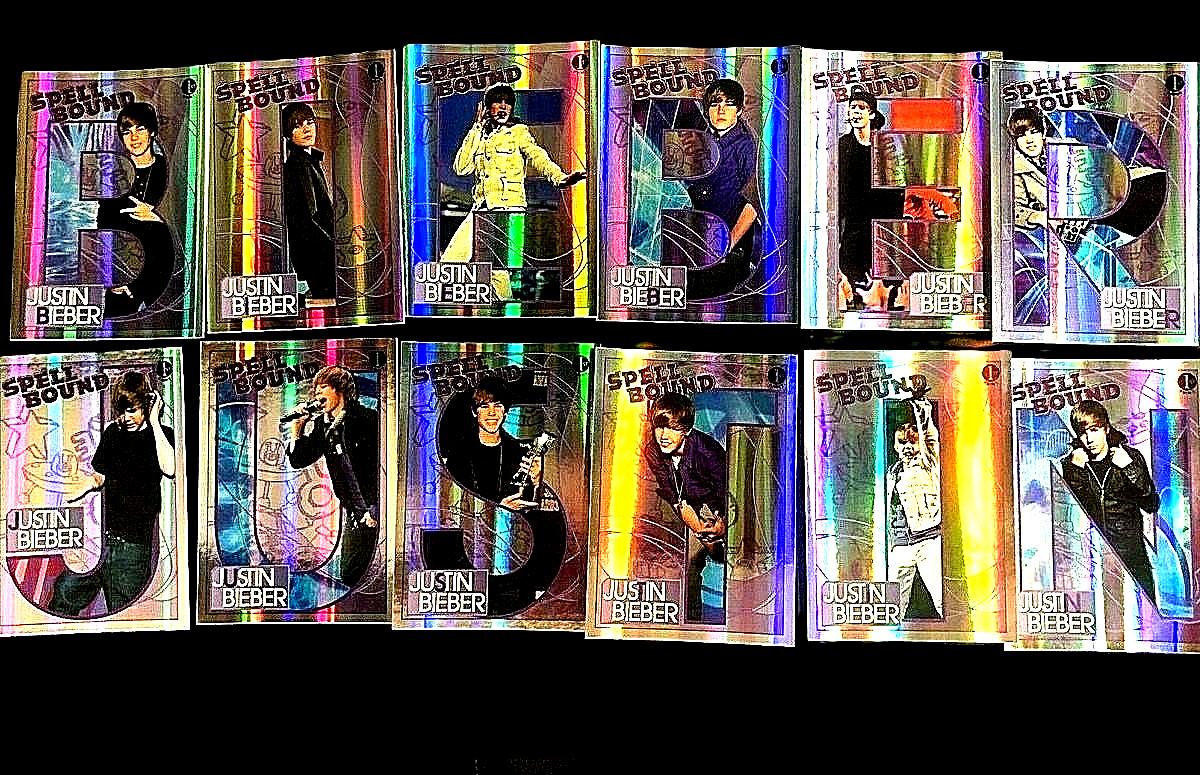 Justin Bieber 2010 Panini 1st Print Complete Spellbound Foil 12 Card Chase Set Justin Bieber 2010 Panini 1st Print Complete Spellbound Foil 12 Card Chase Set