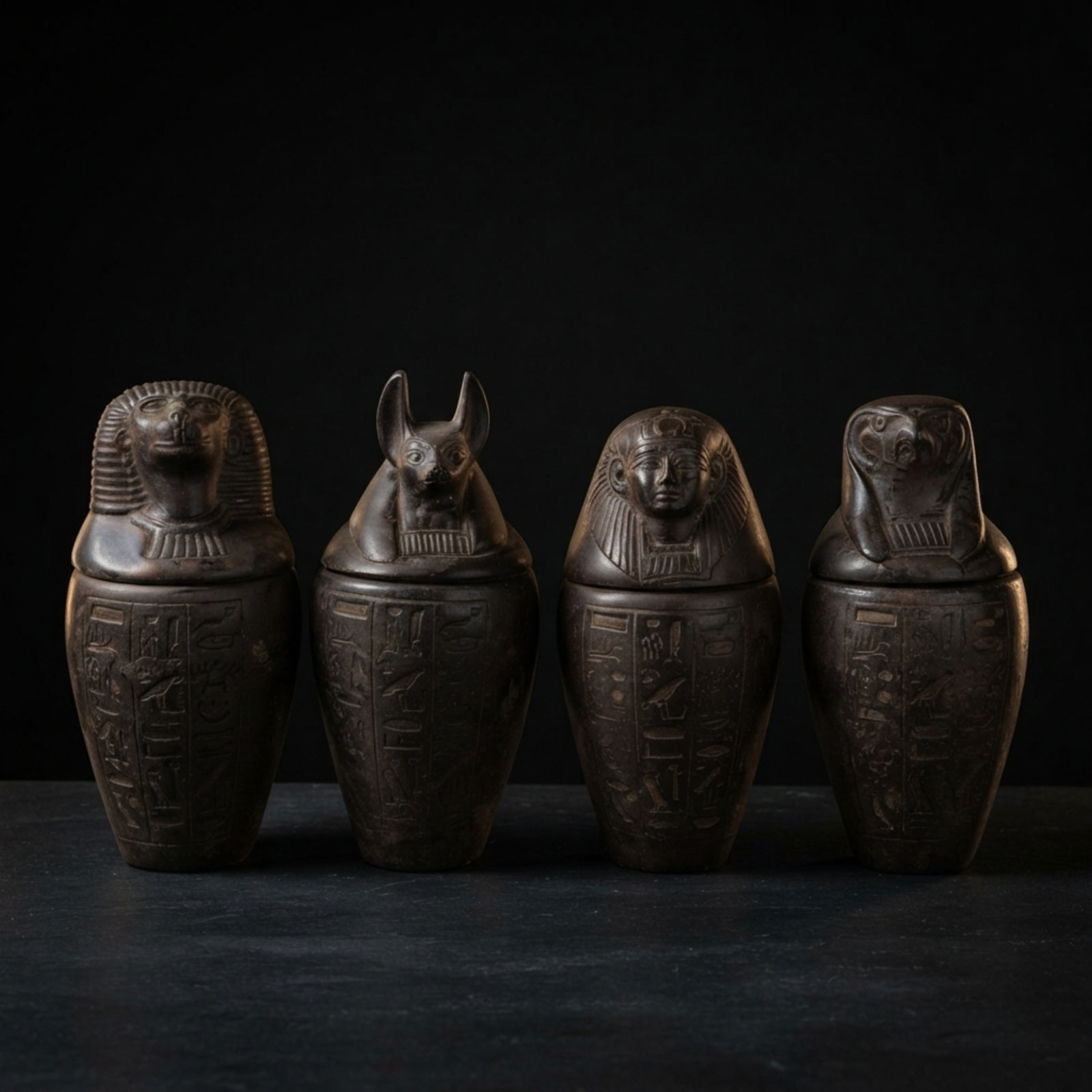 RARE ANTIQUE EGYPTIAN STATUE Canopic Jars Set Four Sons of Horus Storage Jars