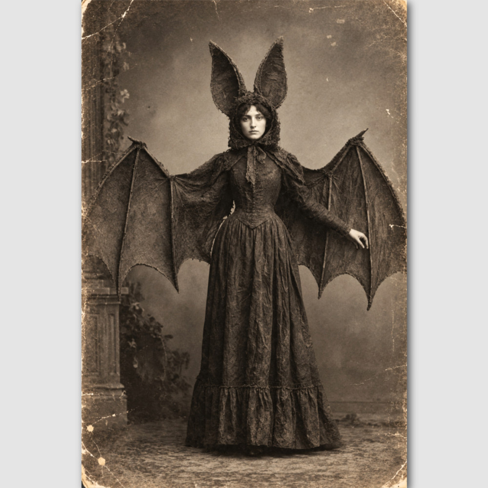 Bat Costume Odd Photo Print Victorian Halloween Creepy Photograph Vintage Woman