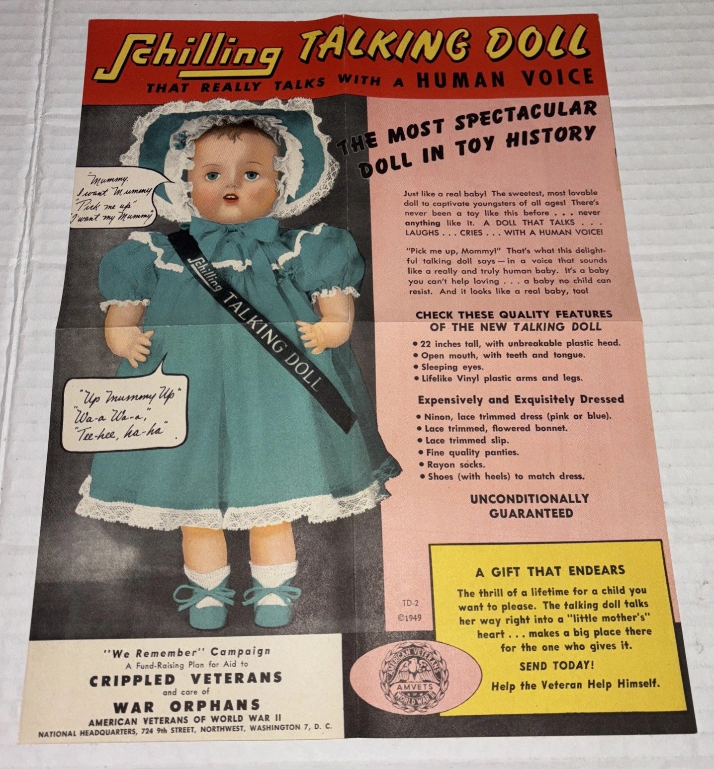 Vintage 1949 Schilling Promo Ad Color Poster FOR Talking Toy Doll WW2 AMVETS Vintage 1949 Schilling Promo Ad Color Poster FOR Talking Toy Doll WW2 AMVETS