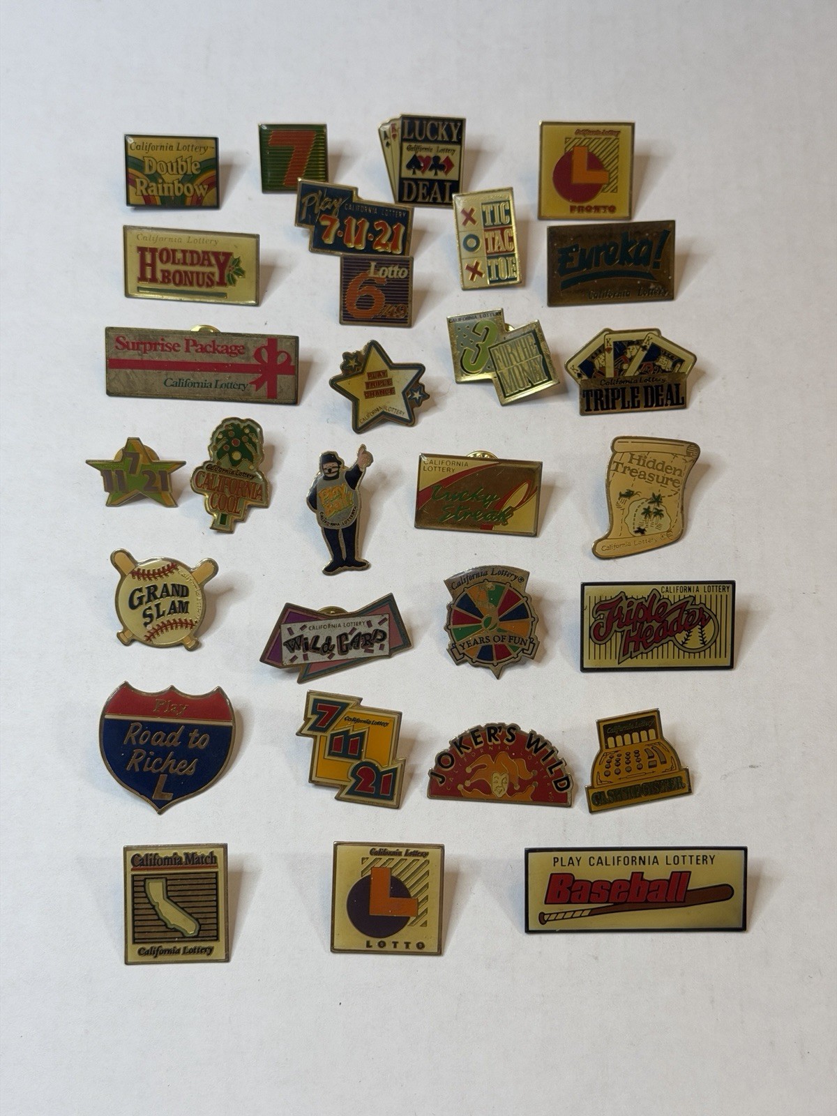 Lot of x29 Vintage California Lottery Lapel Pins 80s 90s Unique Fun Themed Lot of x29 Vintage California Lottery Lapel Pins 80s 90s Unique Fun Themed