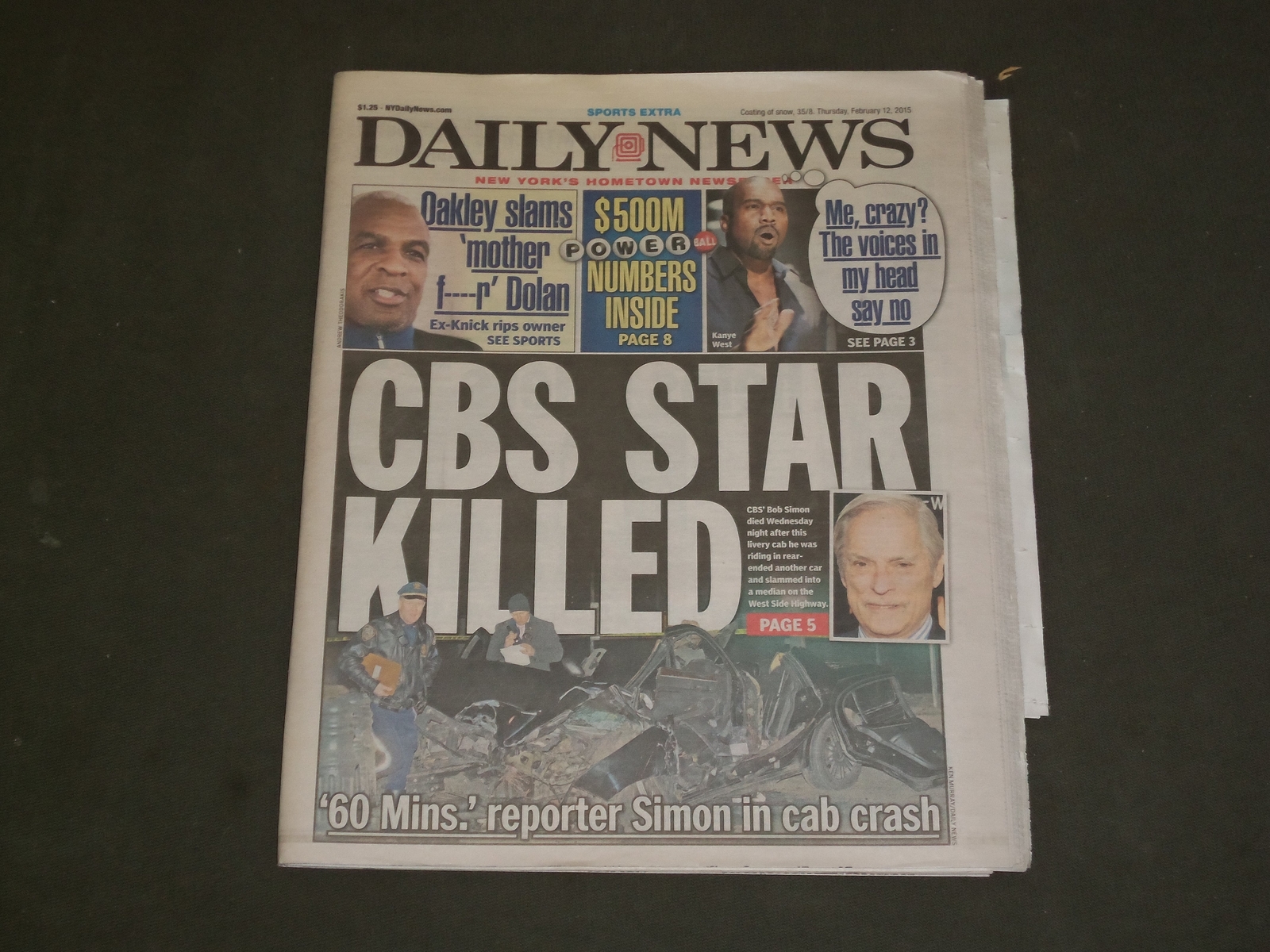 2015 FEBRUARY 12 NEW YORK DAILY NEWS - BOB SIMON, 60 MINUTES REPORTER KILLED 2015 FEBRUARY 12 NEW YORK DAILY NEWS - BOB SIMON, 60 MINUTES REPORTER KILLED