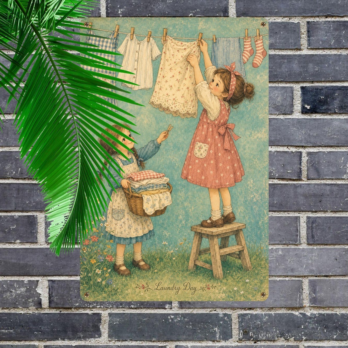 Two Girls Hanging Laundry Day Tin Sign Vintage Children Antique Wall Decor Two Girls Hanging Laundry Day Tin Sign Vintage Children Antique Wall Decor
