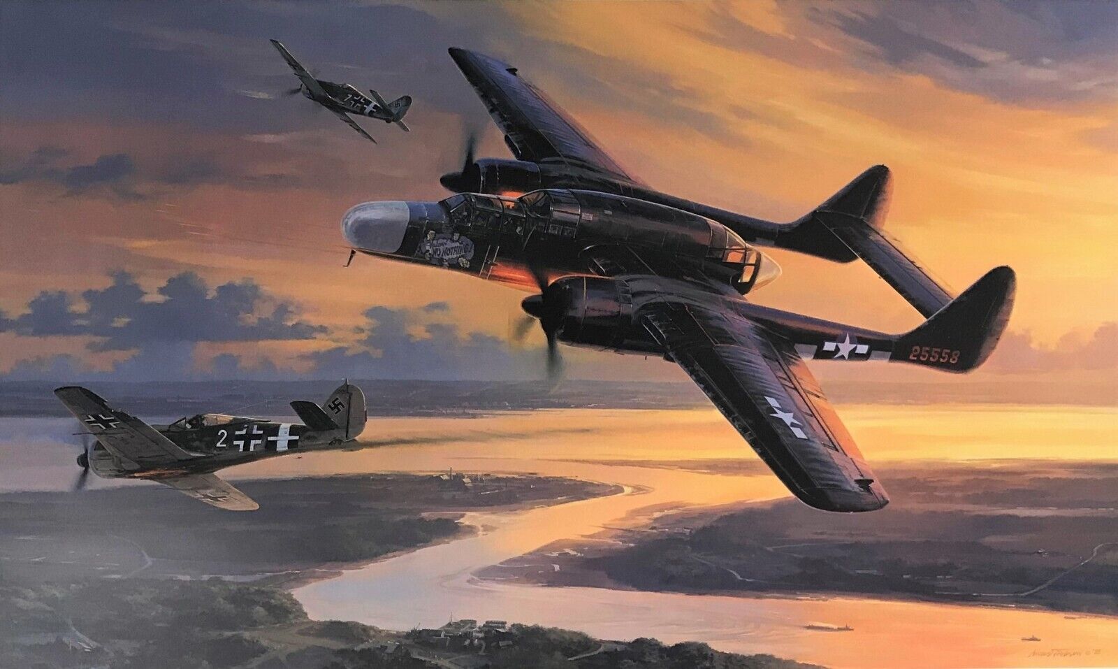 Twilight Conquest by Nicolas Trudgian art autographed by P-61 Black Widow Pilots
