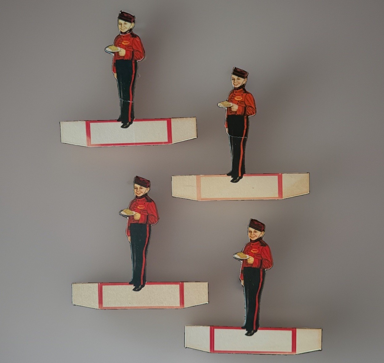 1940s Philip Morris Cigarette Johnny Bellboy Set of 4 Place Cards Table Standees 1940s Philip Morris Cigarette Johnny Bellboy Set of 4 Place Cards Table Standees