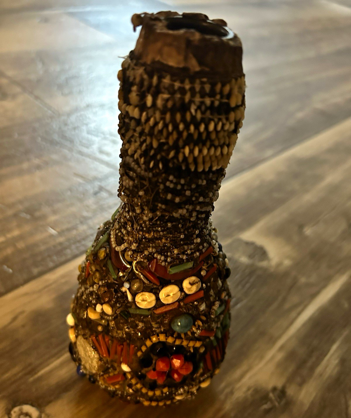 Vintage Folk Art Memory Bottle Beaded Jeweled Tramp Art Memory Ware Jug 8\ Vintage Folk Art Memory Bottle Beaded Jeweled Tramp Art Memory Ware Jug 8\