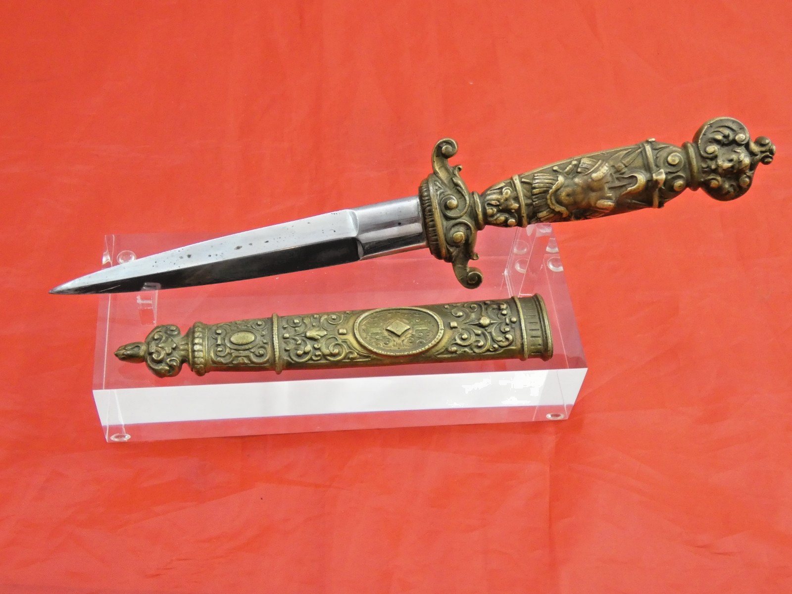 NICE VINTAGE EUROPEAN ROMANTIC DAGGER KNIFE Bronze Hilt & Sheath (not sword)