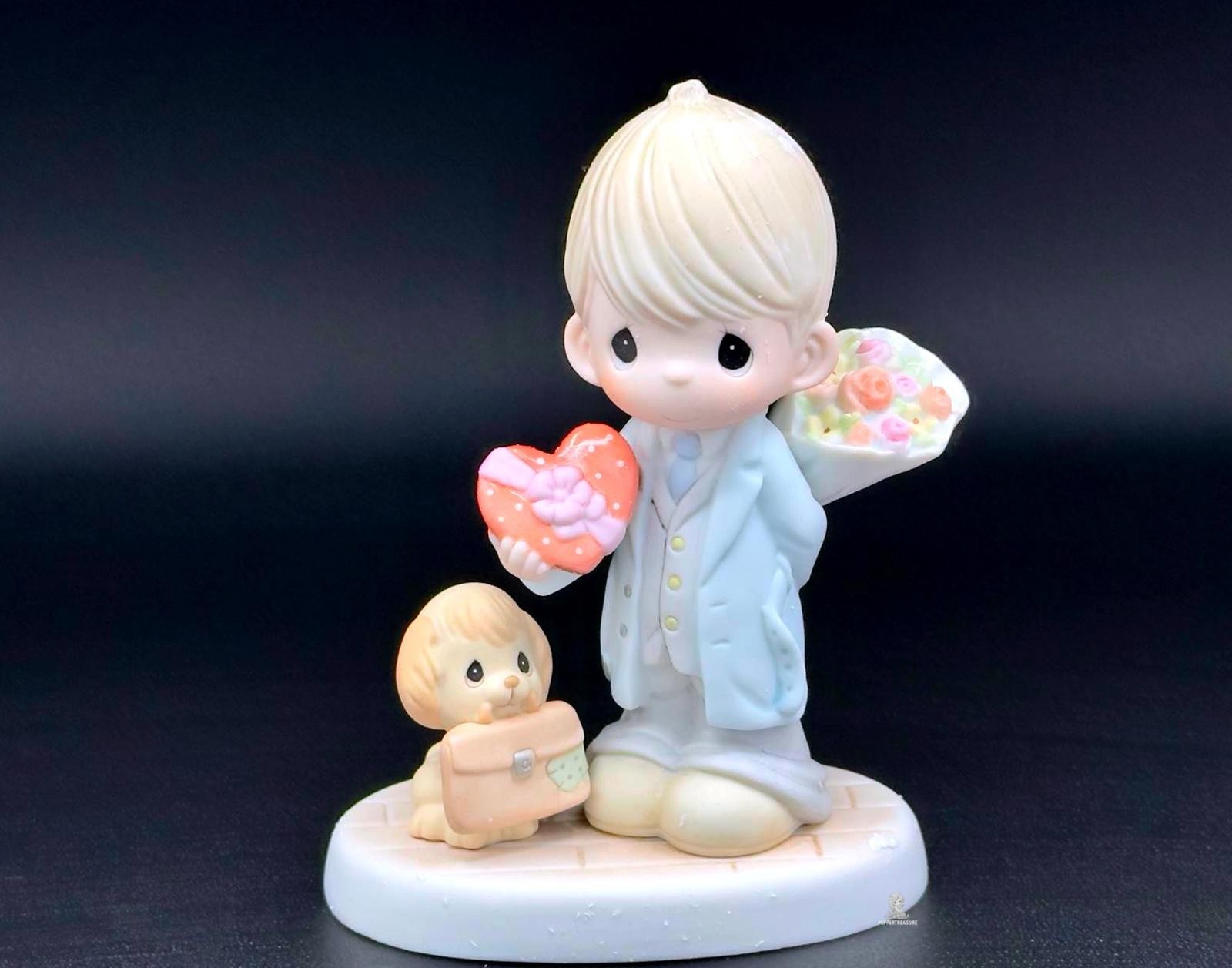 Precious Moments Vintage Figurine Boy with Puppy and Heart Bouquet Collectible Precious Moments Vintage Figurine Boy with Puppy and Heart Bouquet Collectible