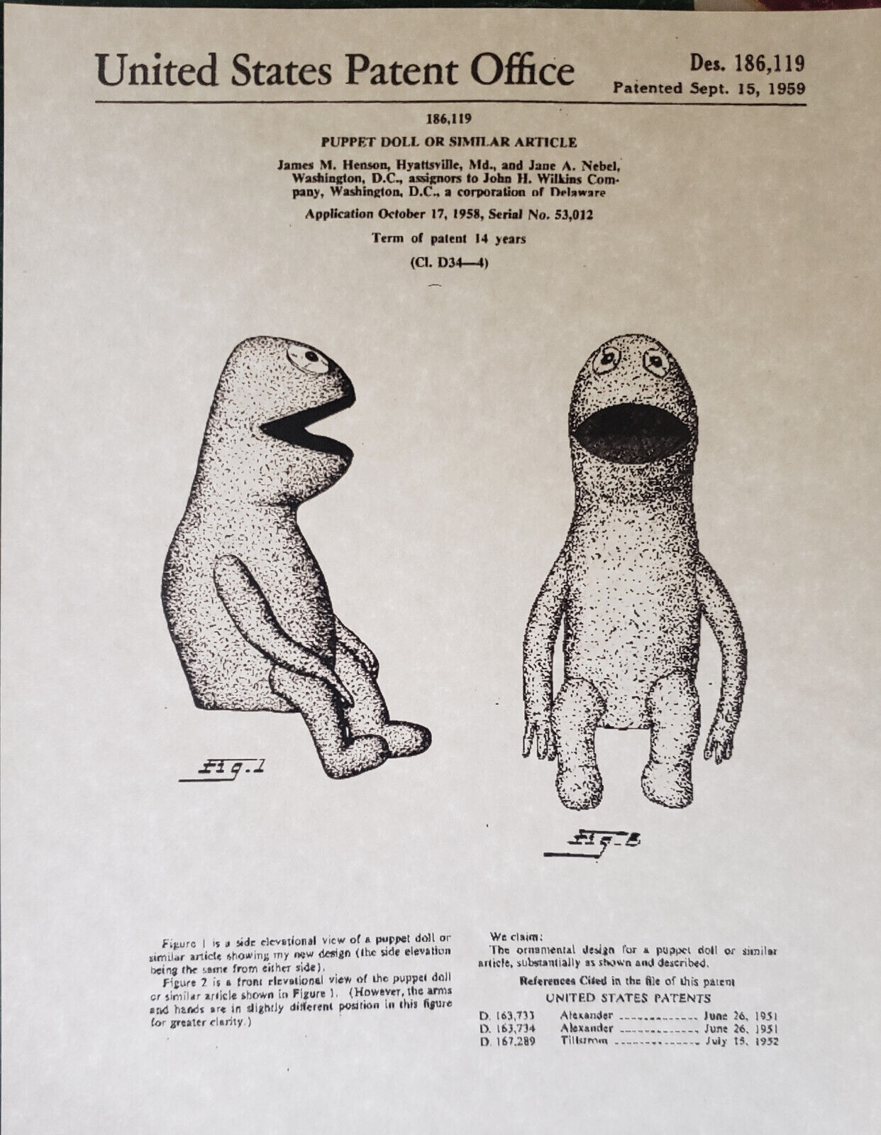 Pair of WILKINS & WONTKINS Puppet Patent Art Prints 1959 Jim Henson Muppets