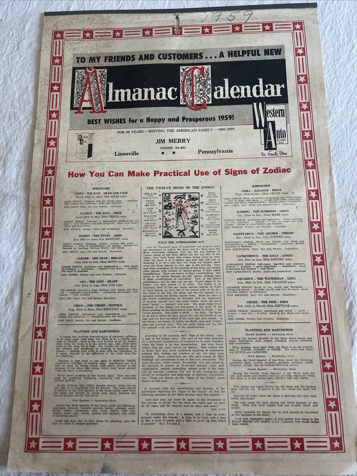 Linesville, PA. VINTAGE 1958 Almanac Calendar Complete And Intact Western Au Linesville, PA. VINTAGE 1958 Almanac Calendar Complete And Intact Western Au