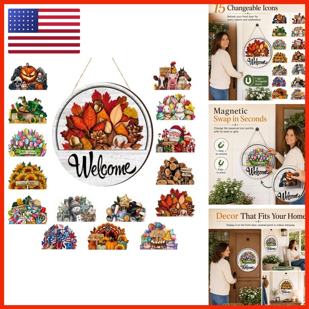 16 Pcs Interchangeable Welcome Sign For Front Door, 12 Inch Wood Decor (a)