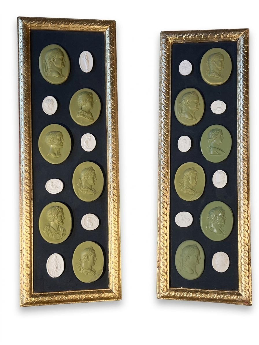 Grand Tour Classical Green & White Intaglio Panels With Giltwood Border - a Pair