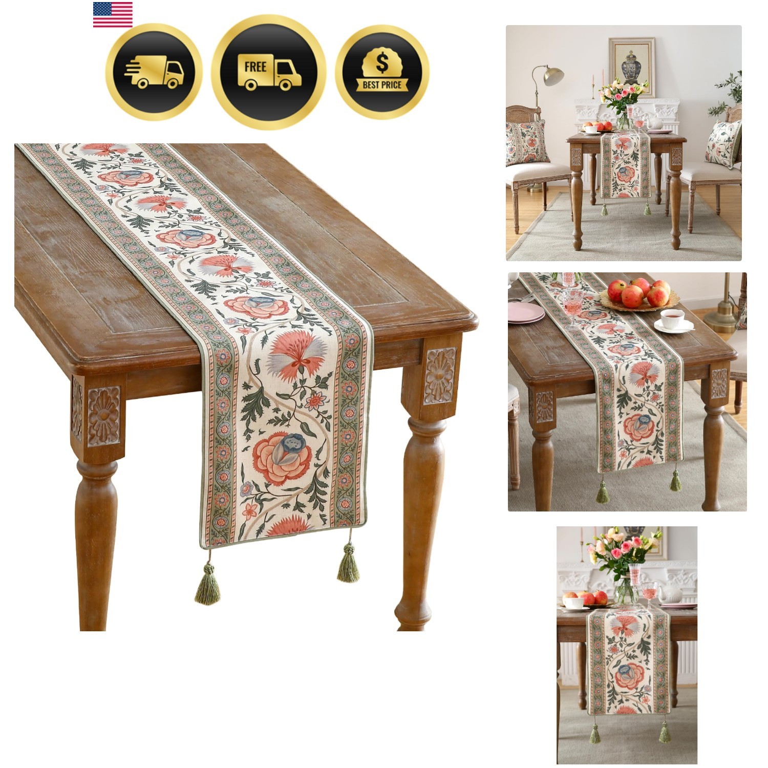 Vintage Linen Table Runner Floral Classic 87x12 Inches Home Decor