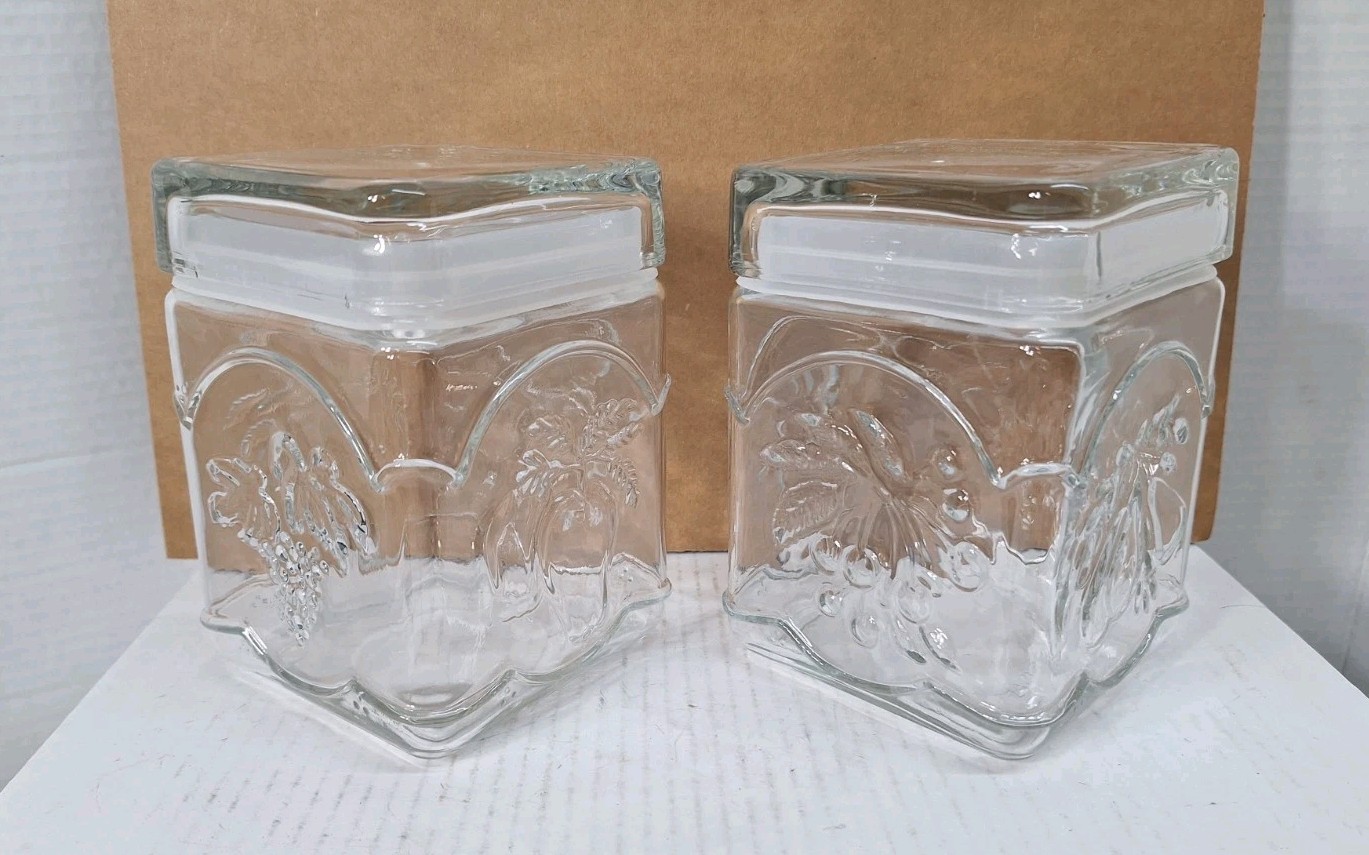 2 Vtg 6x4x4 Square Fruit Canister Canada Clear Glass READ 