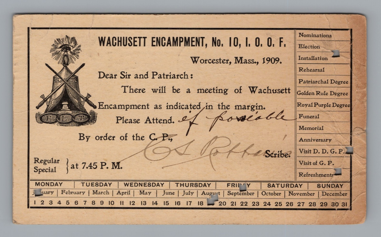 1910 Wachusett Encampment IOOF Odd Fellows Postal Card Worcester MA Mechanics