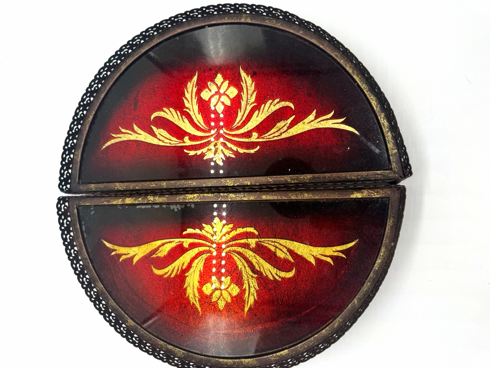 Vintage Gilded Ruby Red Glass Dresser Vanity Catchall Tray Set Filigree Feet