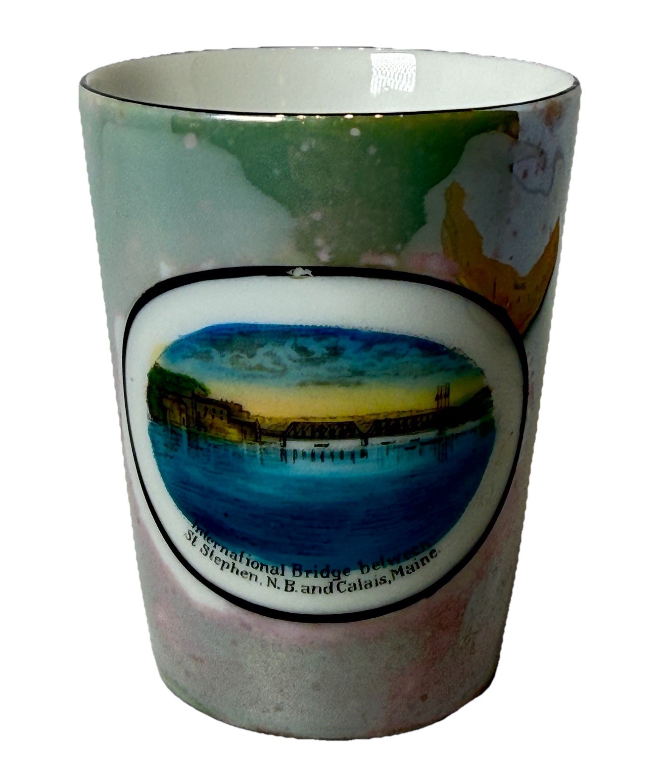 CALAIS MAINE ME Antique INTERNATIONAL BRIDGE Souvenir PAINTED TRINKET CUP