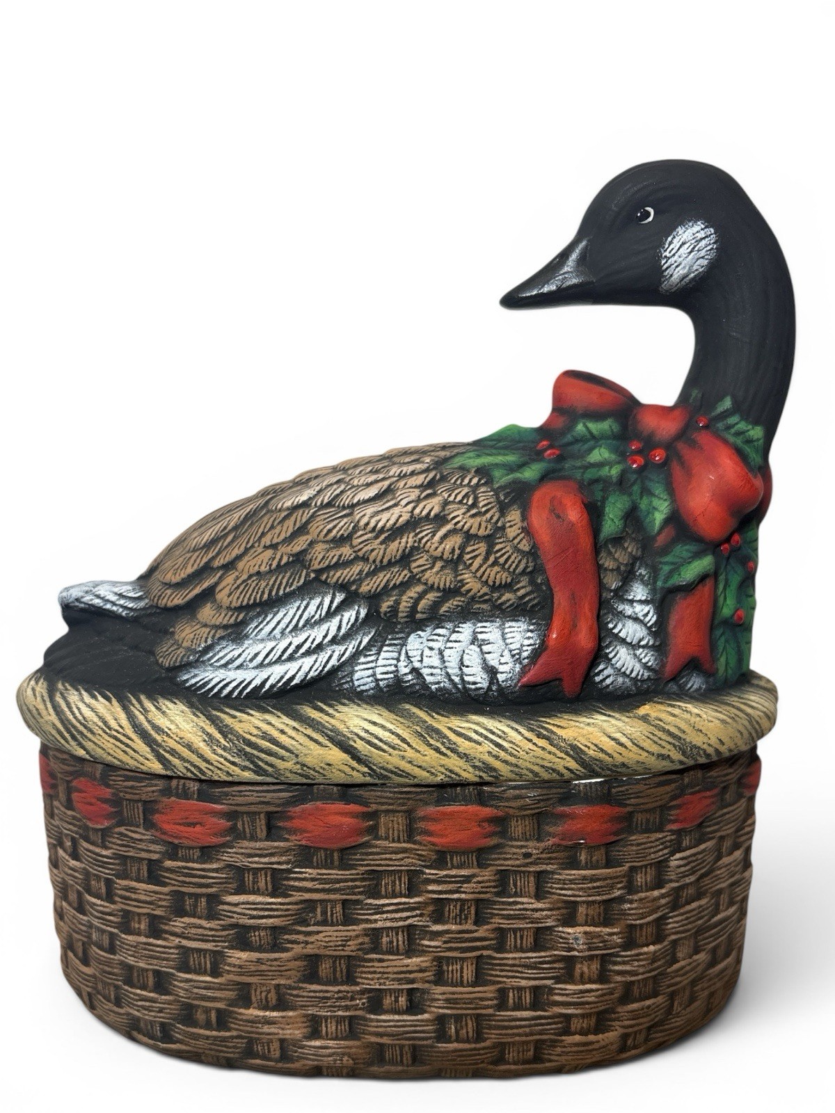 VTG Hand Painted Ceramic Canada Goose in Basket Weave Christmas Holiday