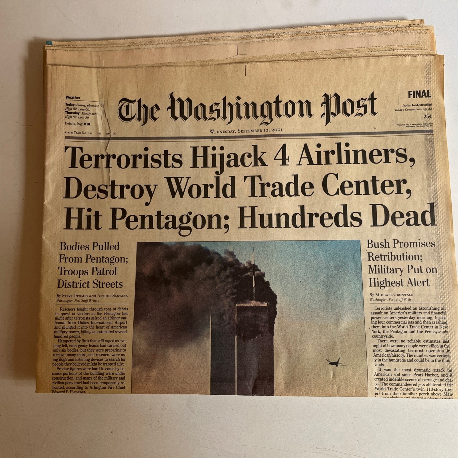 Washington Post 9/11 Issue September 12, 2001 Complete, Sections A,B,C,D,E & F. Washington Post 9/11 Issue September 12, 2001 Complete, Sections A,B,C,D,E & F.