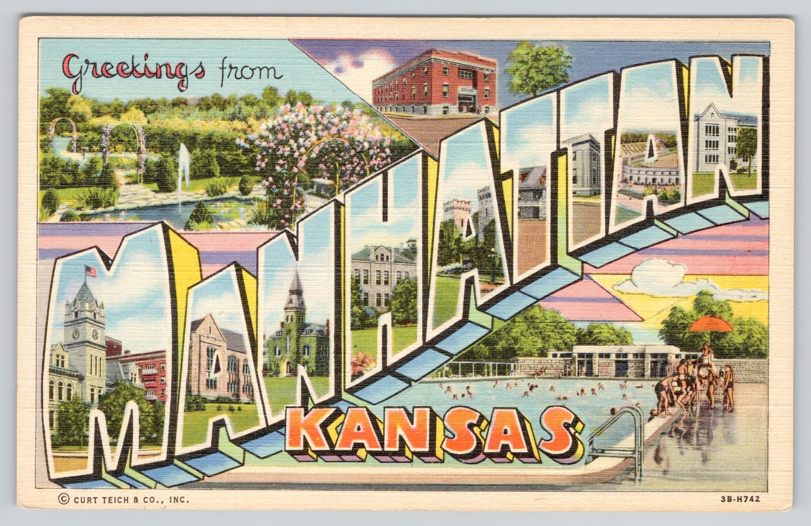 Manhattan KS Postcard Kansas Greetings From LARGE LETTER Linen Curteich Vintage Manhattan KS Postcard Kansas Greetings From LARGE LETTER Linen Curteich Vintage