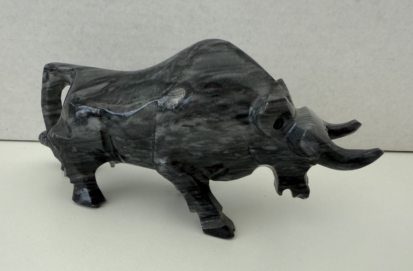 Vintage Hand Carved Marble Bull Figurine Sculpture Black Onyx Stone Desk Decor