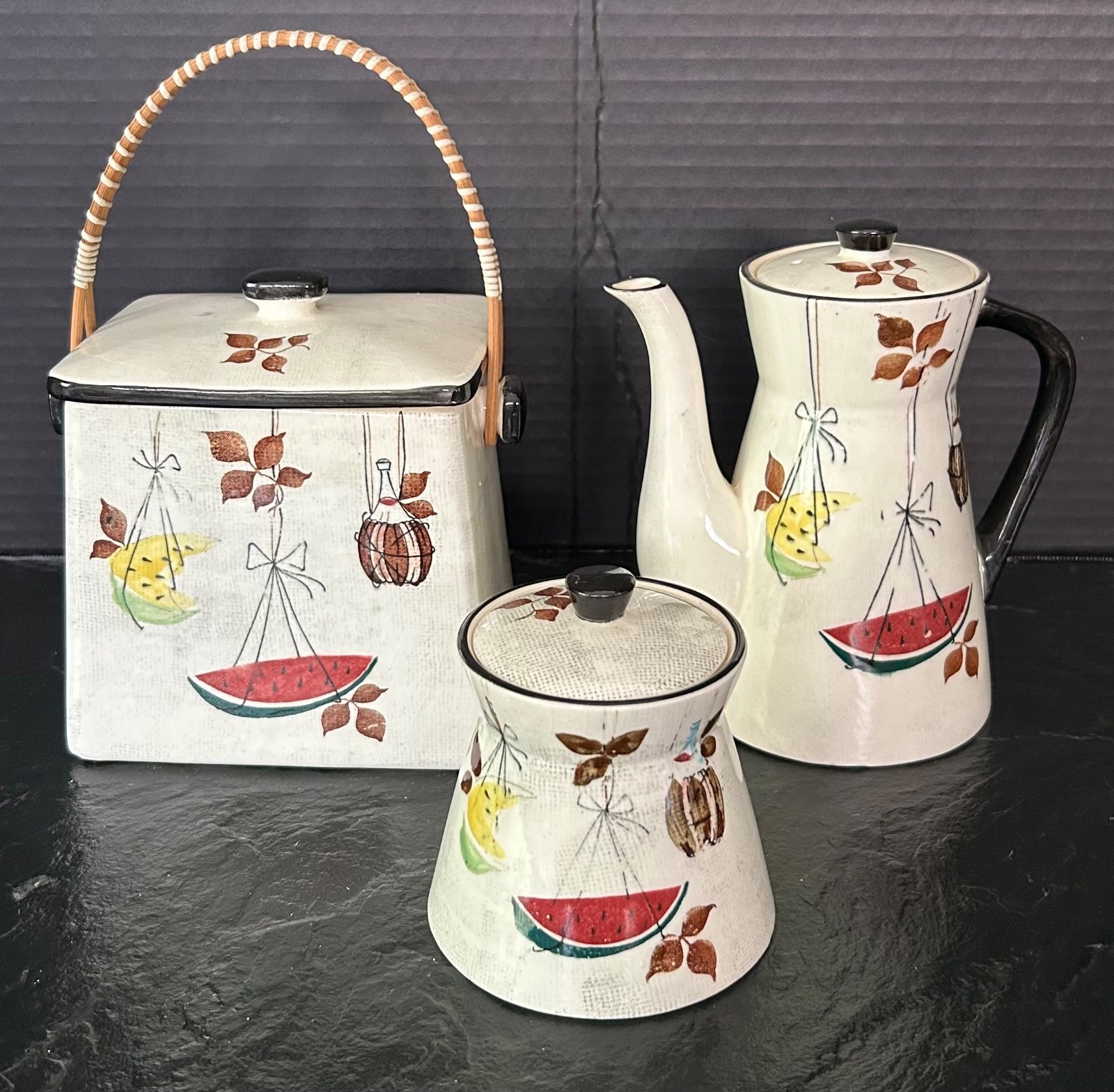 Vintage Royal Sealy Jamaica Coffee Tea Set 3pc MCM Watermelon Japan Ceramic Pot Vintage Royal Sealy Jamaica Coffee Tea Set 3pc MCM Watermelon Japan Ceramic Pot
